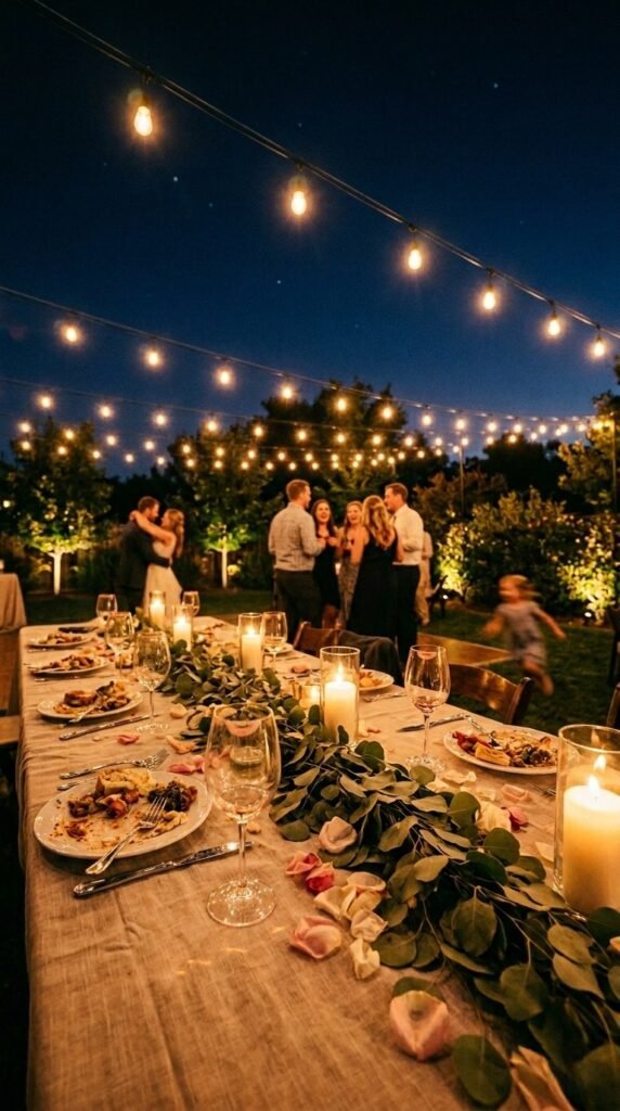 Backyard wedding reception at night with warm string lights candles and Edison bulb market lights