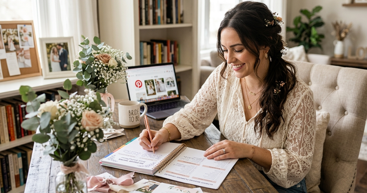 Bride sitting at desk with wedding planning checklist and planner notebook