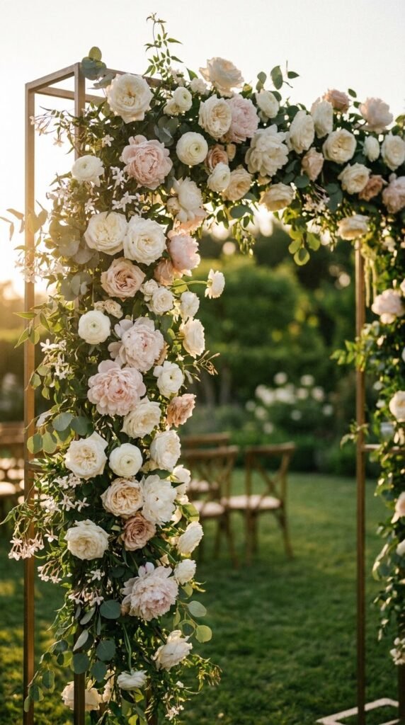 Abundant fresh floral wedding arch with white garden roses peonies and greenery outdoor ceremony breathtaking