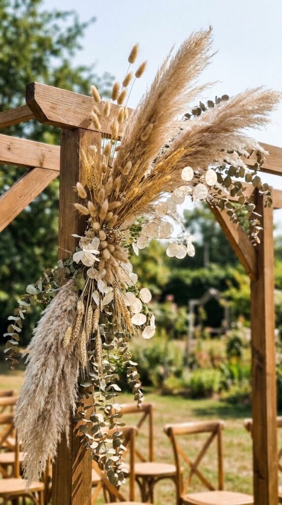 Boho pampas grass dried botanical wedding arch outdoor ceremony natural wood frame eucalyptus and bunny tail
