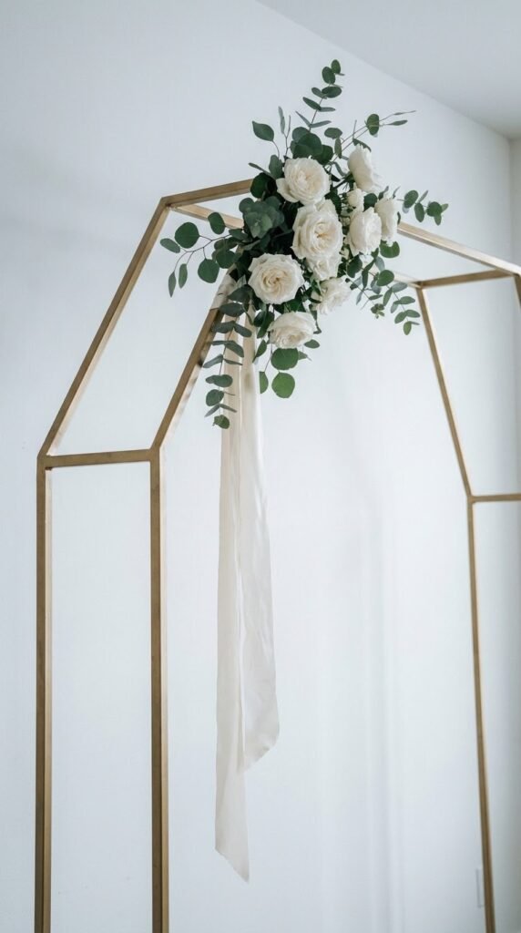 Geometric gold hexagonal metal frame wedding arch minimal decor greenery indoor modern ceremony