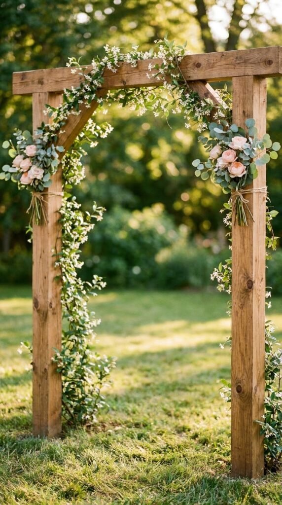 Rustic DIY wooden wedding arch with climbing jasmine flowers and ribbon outdoor garden ceremony