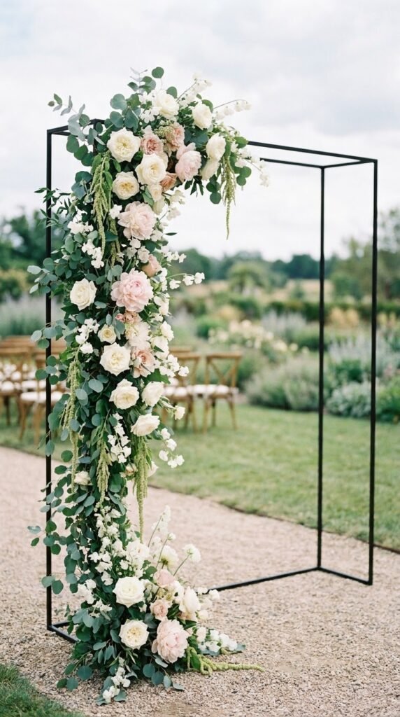 Asymmetric half floral wedding arch with cascade of flowers on one side only modern editorial ceremony