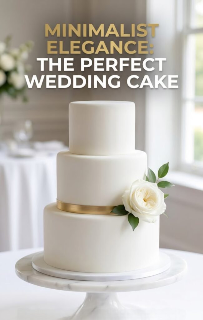 Minimalist smooth white fondant three-tier elegant wedding cake with single gold band and fresh white garden rose on marble cake stand