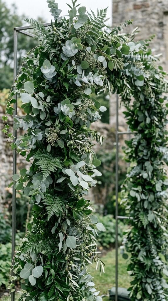 Lush greenery eucalyptus wedding arch no flowers all foliage outdoor ceremony abundant sophisticated