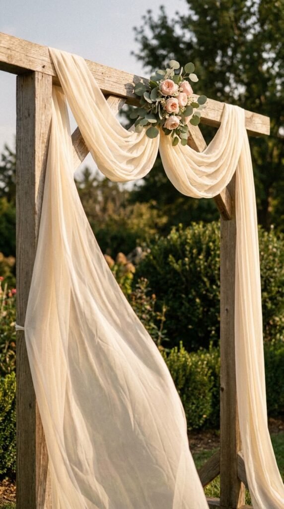 Romantic fabric drape wedding arch with ivory chiffon flowing outdoor ceremony blush flowers at gathering
