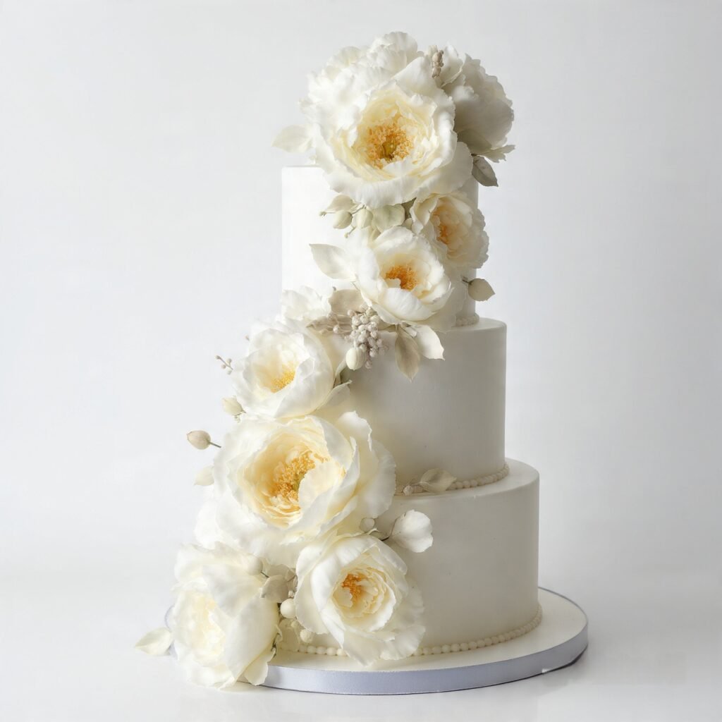 Elegant white fondant wedding cake with cascading handcrafted sugar flowers peonies and roses
